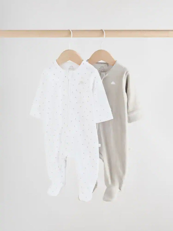Next Uk Grey Velour Two Way Zip Baby Sleepsuits 2 Pack (0-2yrs)