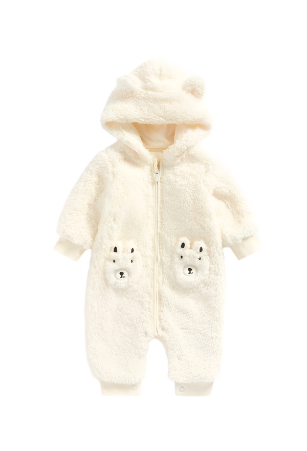 Mothercare Sleepsuit Fleece White with Bear Pocket (up to 1 month, 9-12 months)