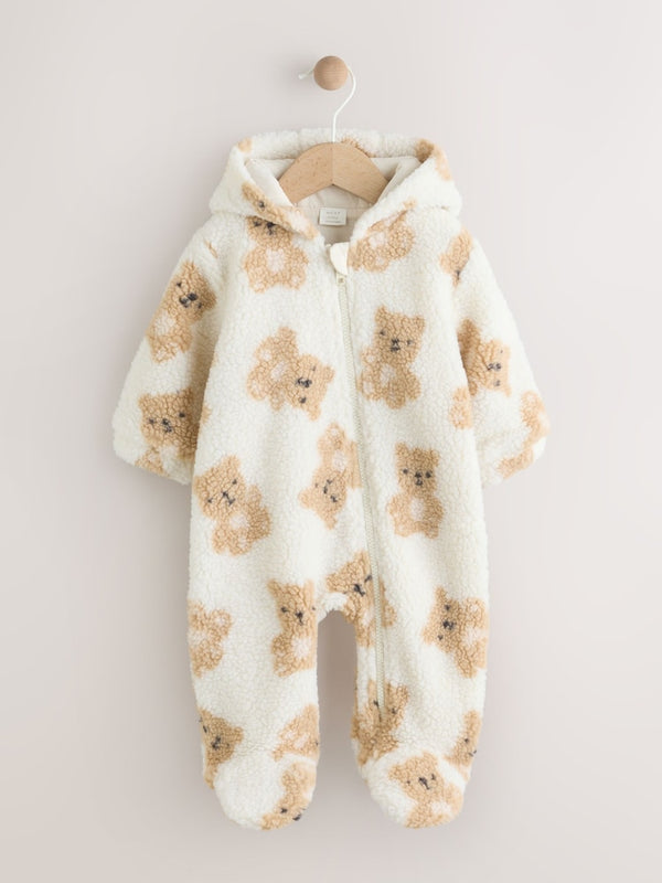 Next Uk Ecru/Tan Bear Print Baby Cosy Zip Lined Hooded Fleece All-In-One (First Size)