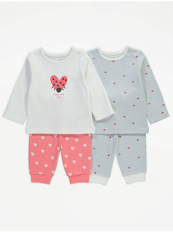 George Uk Striped Ladybird Long Sleeve Pyjamas 2 Pack 100% Cotton