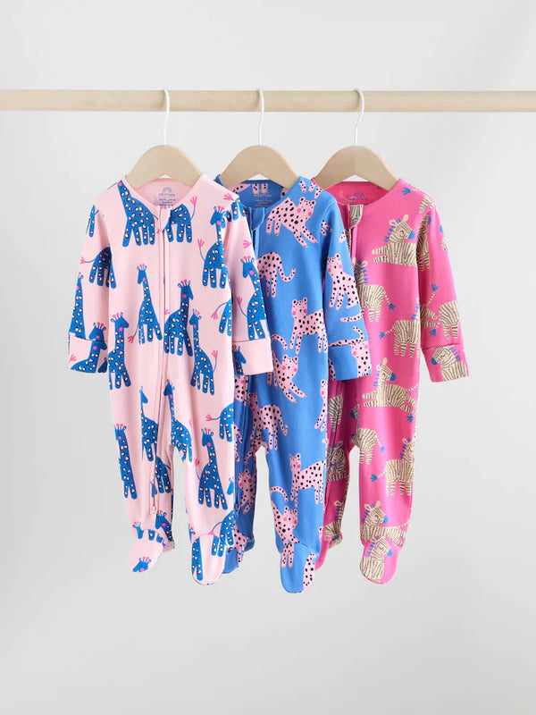 Preorder Next Blue/Pink Animal Character 3 Pack Two Way Zip Baby Sleepsuits (0mths-2yrs)