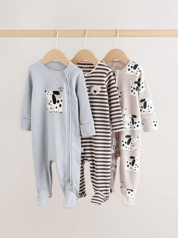 Preorder Monochrome Dog Baby Two Way Zip Sleepsuits 3 Pack (0-2yrs)