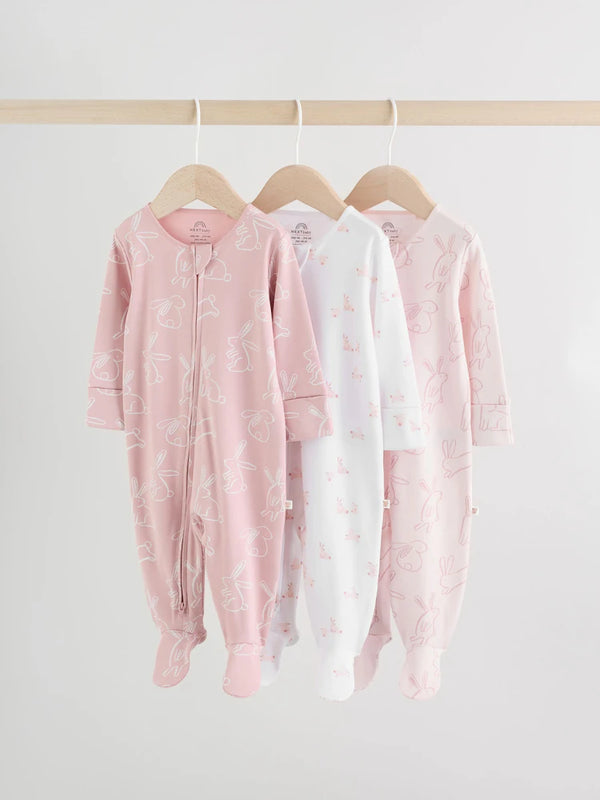 Preorder Pink Bunny Two Way Zip Baby Sleepsuits 3 Pack (0mths-2yrs)