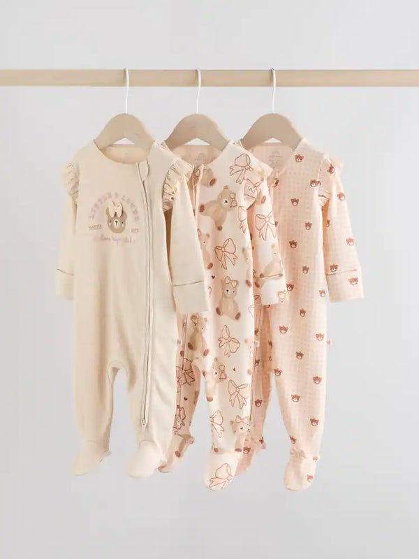 Preorder Next Neutral Bear Two Way Zip Baby Sleepsuits 3 Pack (0-2yrs) F34-050