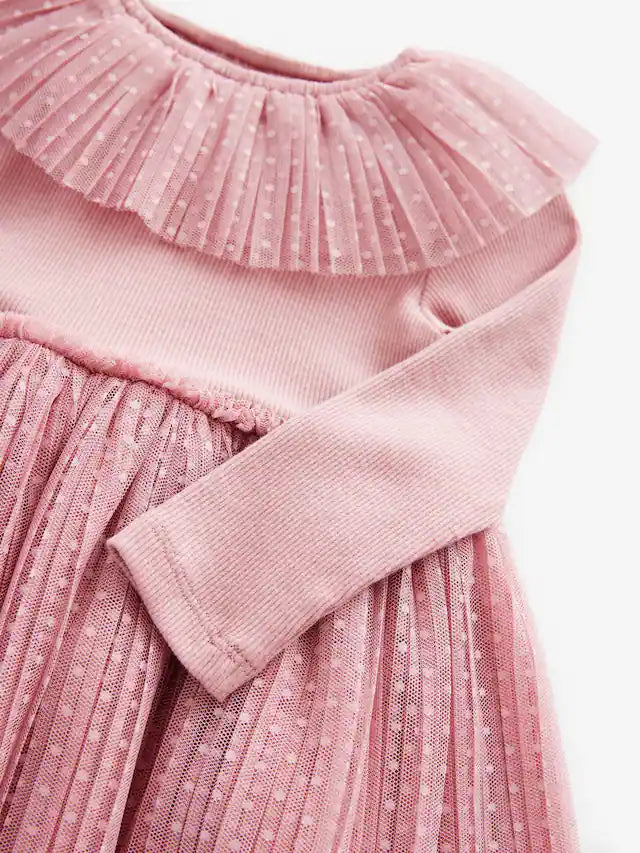 Next UK Pink Long Sleeve Mesh Dress (1.5-2-3/3-4 Years )