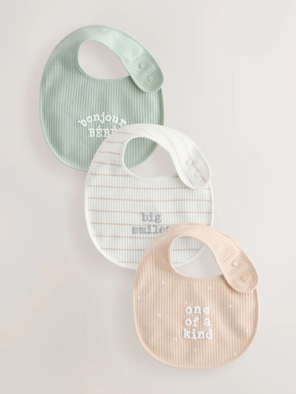 Next Uk Neutral Brown/ Mint Green Slogan Baby Bibs 3 Pack Onesize