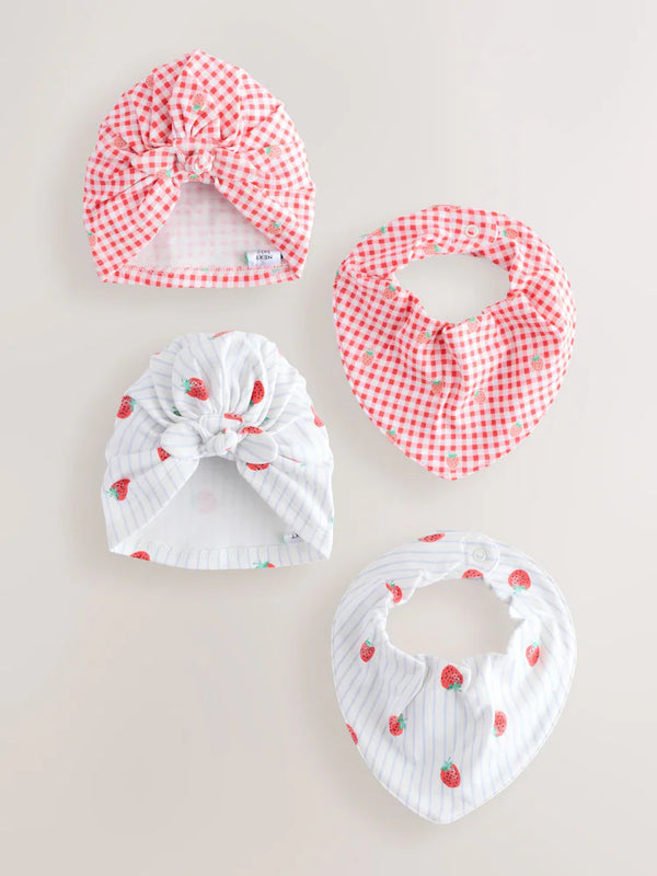 Next Uk Red Strawberry 4 Piece Baby Turbans And Dibble Bibs Set