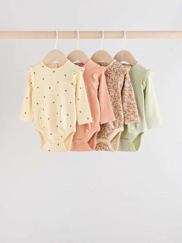 Next Uk Blue/Cream/Coral Ditsy Baby Long Sleeve Frill Bodysuits 4 Pack (0mths-2yrs)
