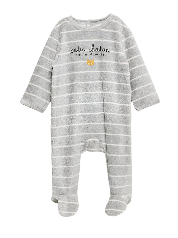 Grey Cat Velour Sleepsuit