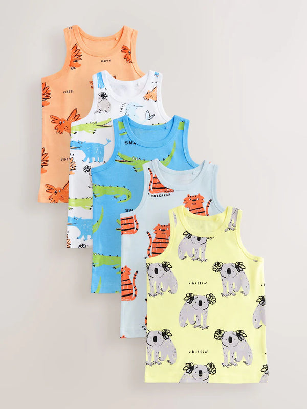 Next Uk Bright Animal Print 100% Cotton Vests 5 Pack