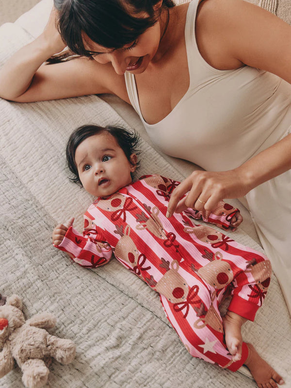 Next Uk Pink Baby Christmas Reindeer Stripe Sleepsuit (0mths-3yrs)