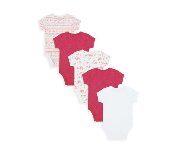 Mothercare Girls Safari Short Sleeve Baby Bodysuits - 5 Pack