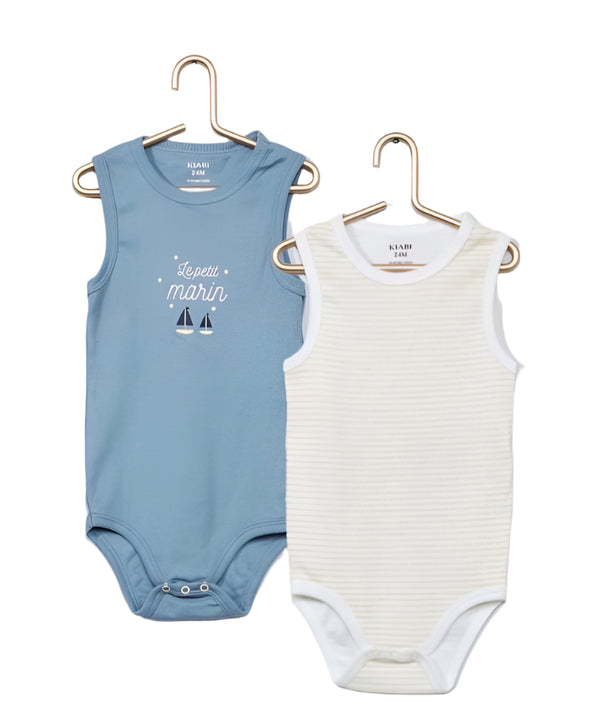 Kiabi France 100% Cotton 2 Pack Sleeveless Boys Bodysuit 