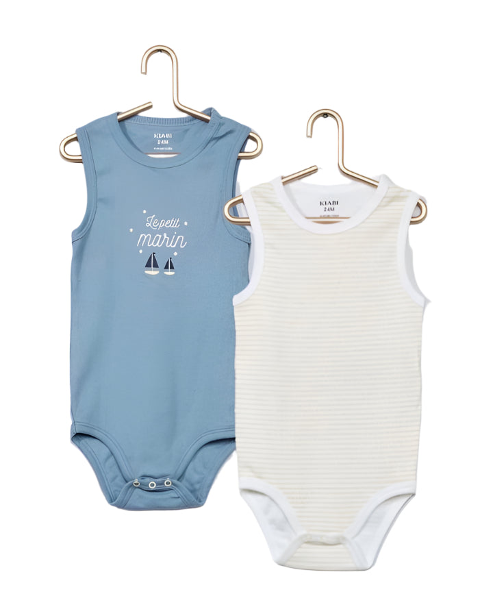 Kiabi France 100% Cotton 2 Pack Sleeveless Boys Bodysuit 