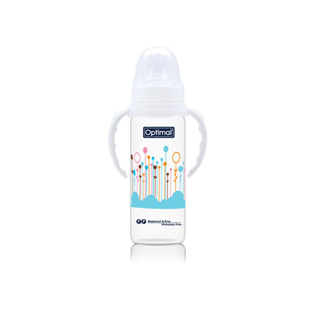 White Optimal Narrow Neck Orthodontic Feeding Bottle With Handle 240ml 