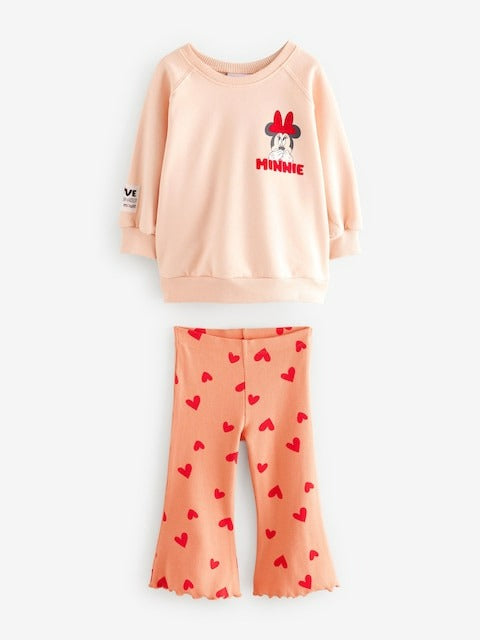 Next Uk Pink/Peach Hearts Disney Minnie Mouse Sweatshirt & Flared Leggings
