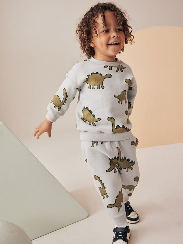 Next UK Mineral Blue Dinosaurs All-Over Print Character Sweatshirt and Joggers Set