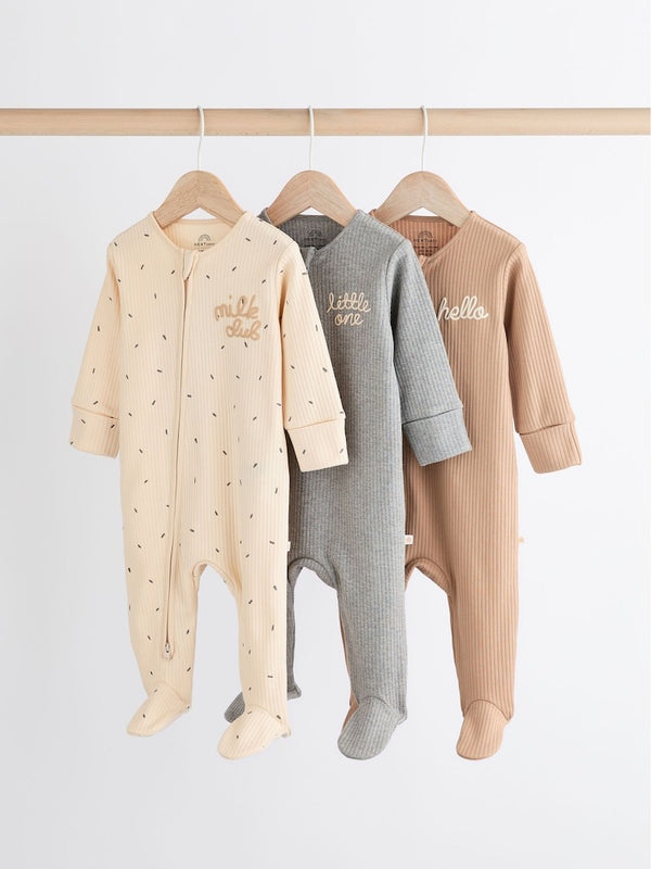 Next Uk Neutral Milk Club Baby Two Way Zip 100% Cotton Sleepsuits 3 Pack (0mths-2yrs) 606-563