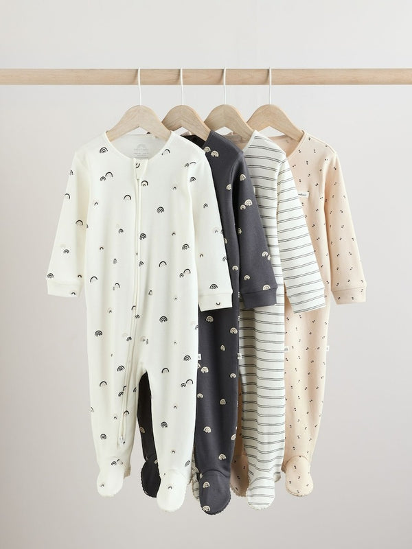 Next Uk White/Black Two Way Zip Baby Sleepsuits 4 Pack E19-698