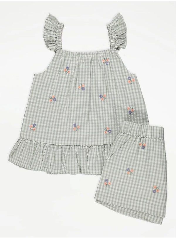George Uk Green Gingham Embroidered Top and Shorts Outfit (6-7 years)