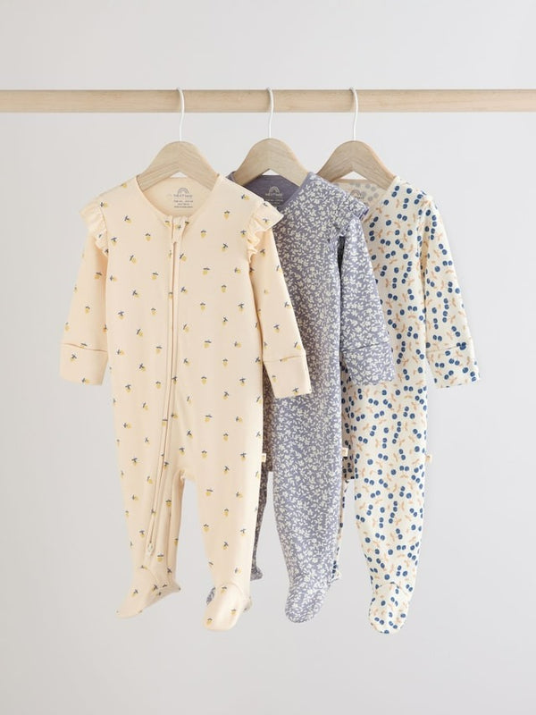 Next Uk Blue Cherry Baby Two Way Zip Sleepsuits 3 Pack AA5-443