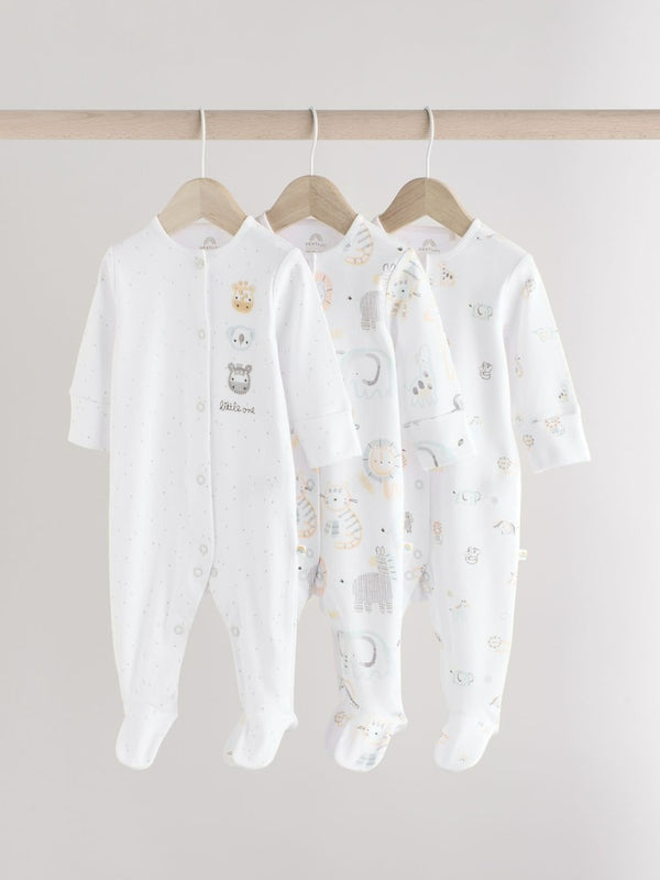 Next Uk White Animal Print 100% Cotton Baby Sleepsuits 3 Pack (0-2yrs) E19-700