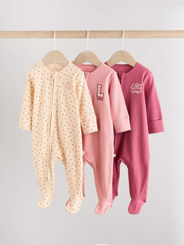 Next Uk Pink Baby Two Way Zip Floral Print Sleepsuits 3 Pack (0mths-3yrs) AW2-300