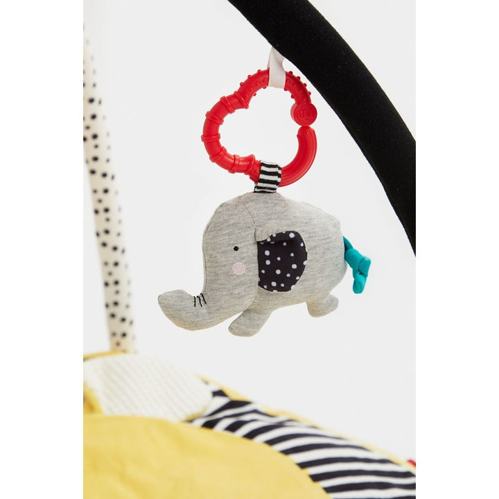Children's toy with a gray elephant design and red ring on a white background