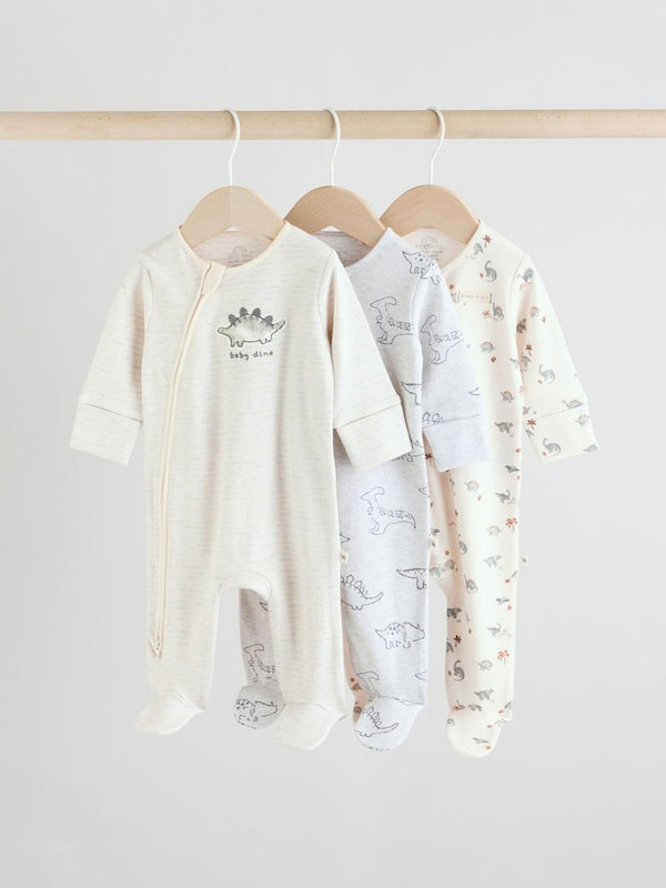 Next Uk Grey 100% Cotton Two Way Zip Baby Sleepsuits 3 Pack (0-2yrs) AA5-959