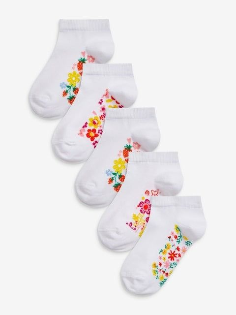 Next Uk White Floral 5 Pack Cotton Rich Footbed Trainer Socks 839-372