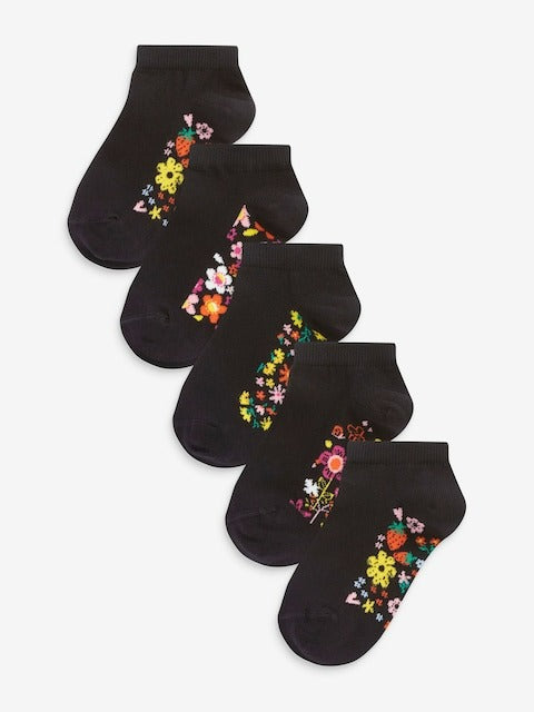 Next Uk Black Floral 5 Pack Cotton Rich Footbed Trainer Socks M01-597