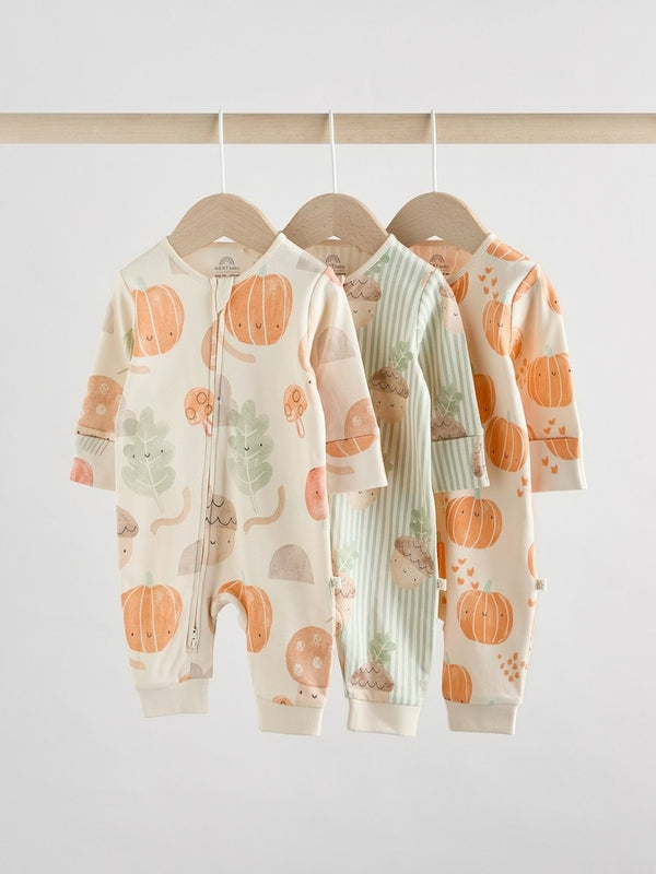 Next Uk Cream Autumn Pumpkin Two Way Zip Footless Baby Sleepsuits 3 Pack AW3-262